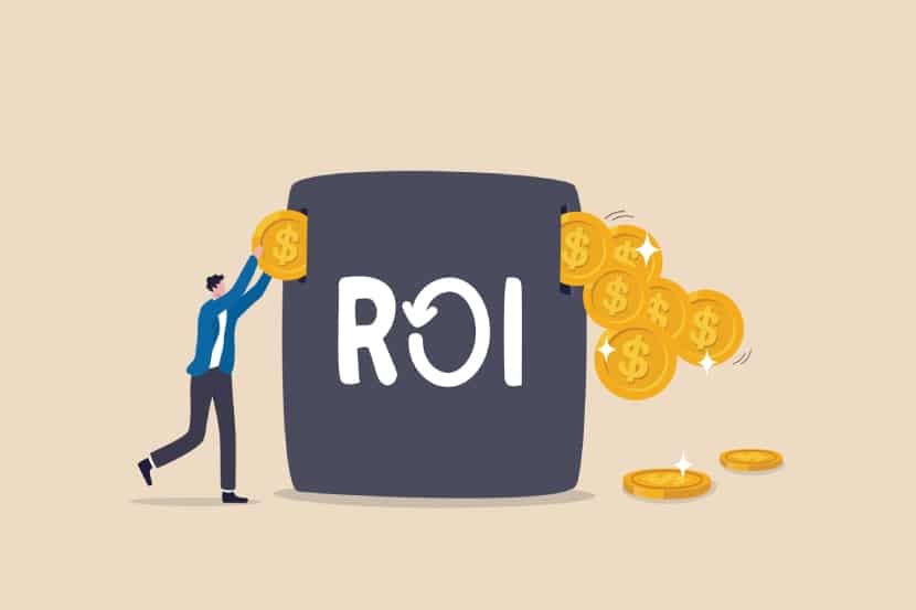 Businessman investing money coin in ROI box to get return profit 